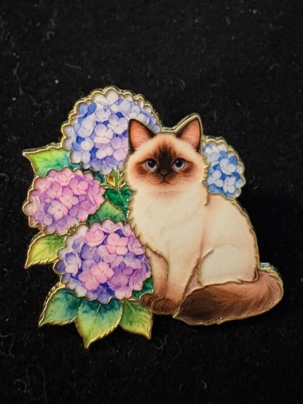 Siamese Cat Brooch Pin Hydrangea Floral Enamel Jewelry